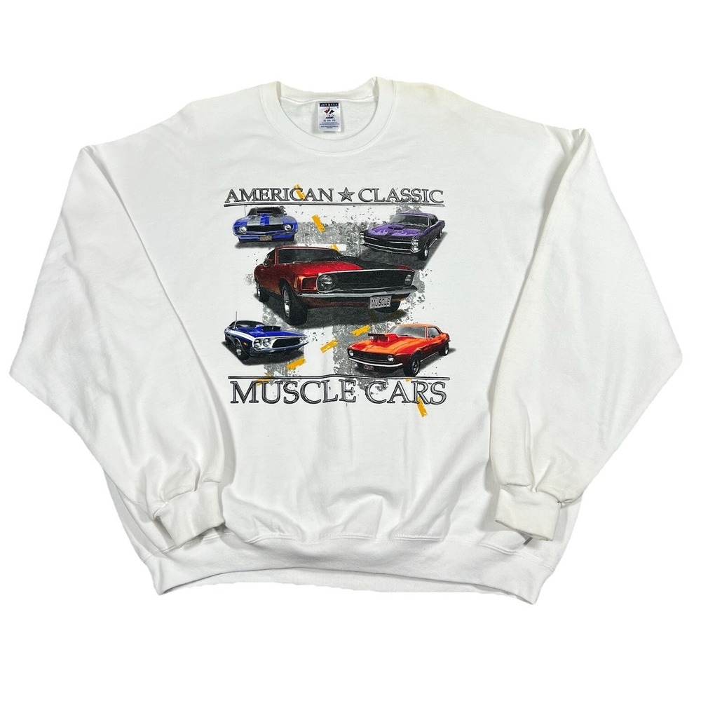 Vintage XXL Crewneck American Classic Muscle Cars White Sweatshirt Pullover 90s
